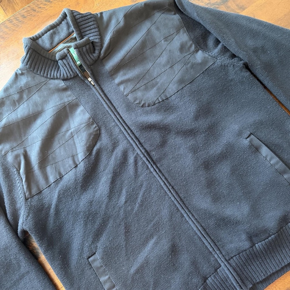 Orvis Jacket Mens 2XL Black Wool Knit Bomber Full Zip Quilted Shoulder Lined